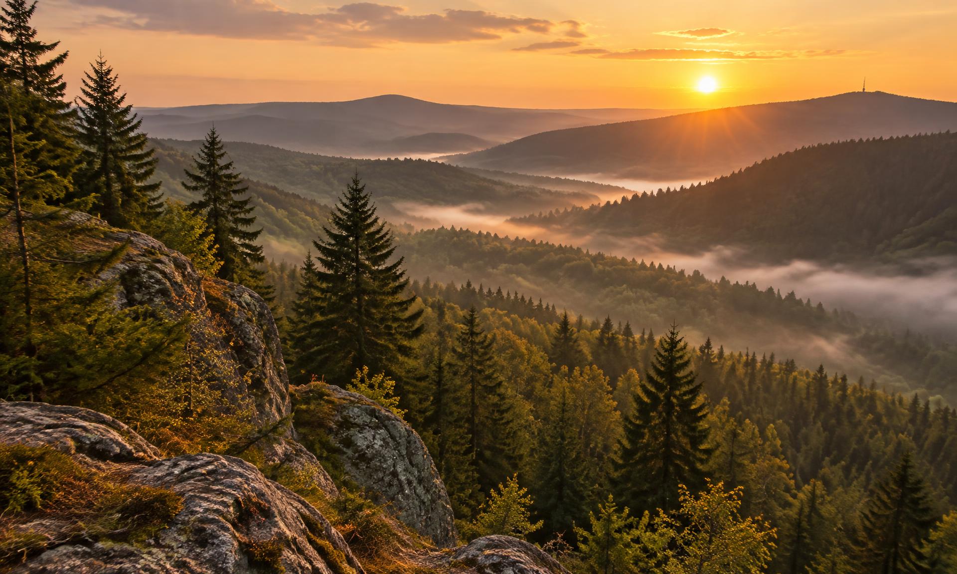 Sonnenuntergang über den Wäldern und Bergen des Harzes